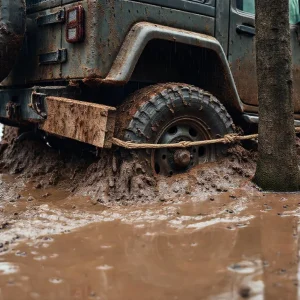 Фото по теме: как вытащить застрявшую в грязи машину с помощью доски и веревки